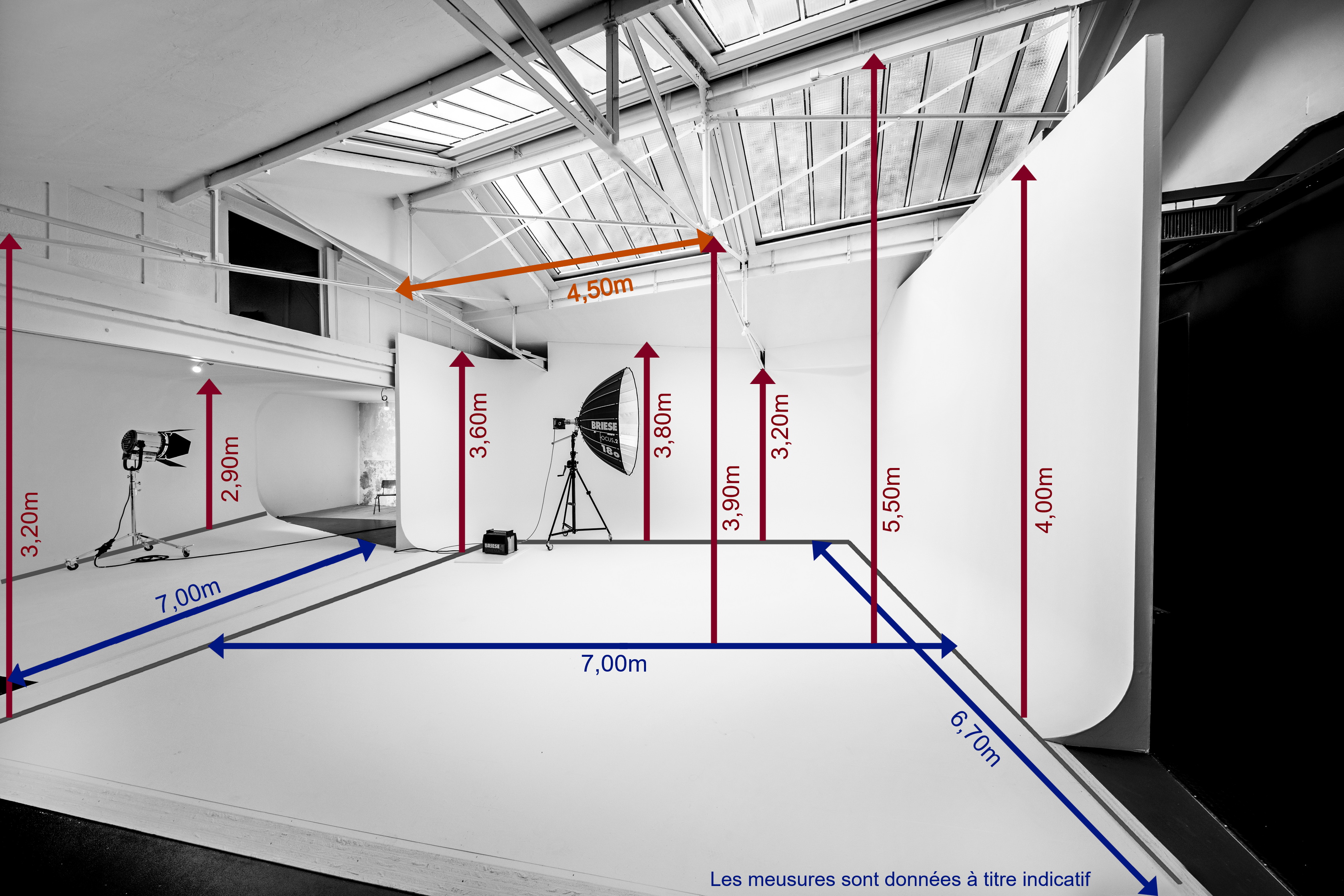 Plan coté du plateau : cyclo 3 faces, cyclo 2 faces, mur patine et hauteurs
